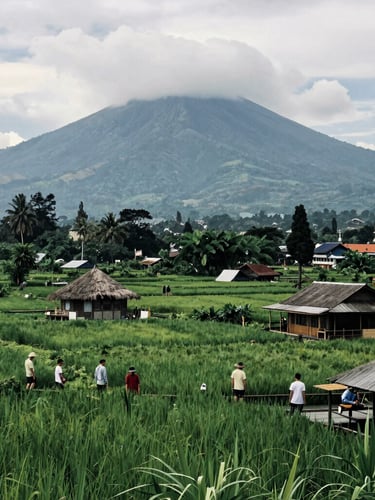 Medium-shot portrait of an Indonesian agricultural student inspecting organic crops in a bright, sunlit Lombok field, warm natural daylight.