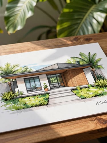 A clean, modern architectural home design sketch on a wooden desk with warm tropical light filtering through leaves, high-end editorial feel.
