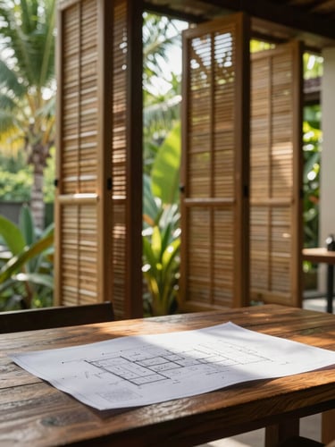 A serene, high-end architectural workspace in Lombok, soft tropical morning light filtering through bamboo screens onto a wooden table with design blueprints.