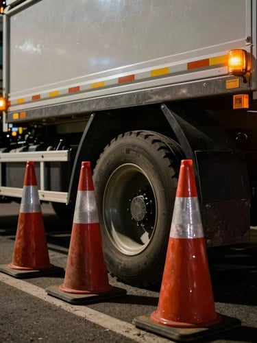 Low-angle close-up of a heavy-duty mobile service truck's rear wheel, safety cones in sharp focus, dramatic nighttime roadside amber-beacon illumination, 35mm
