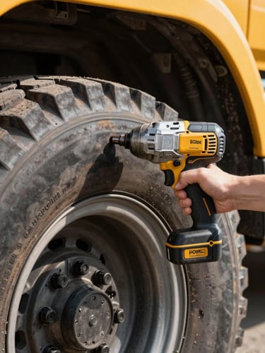 Close-up of a heavy-duty impact wrench mounting a commercial truck tire, sharp focus on tire tread, industrial outdoor daylight, 35mm