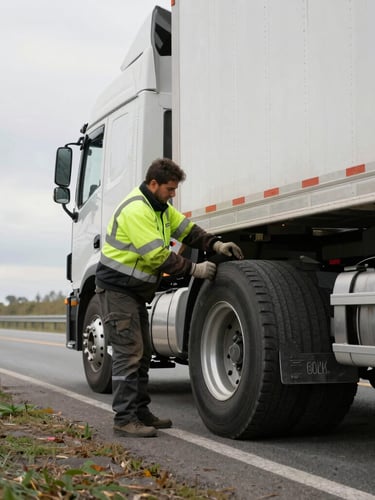 Close-up of a heavy-duty impact wrench mounting a massive semi-truck tire on the roadside, high-contrast daylight, 35mm
