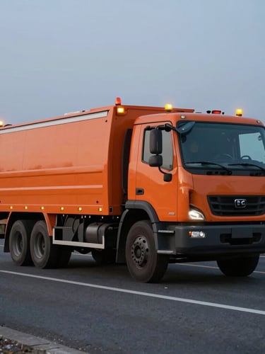 Wide environmental shot of a heavy-duty orange service truck parked on a highway shoulder at dusk, amber safety beacons flashing, sharp focus, 35mm
