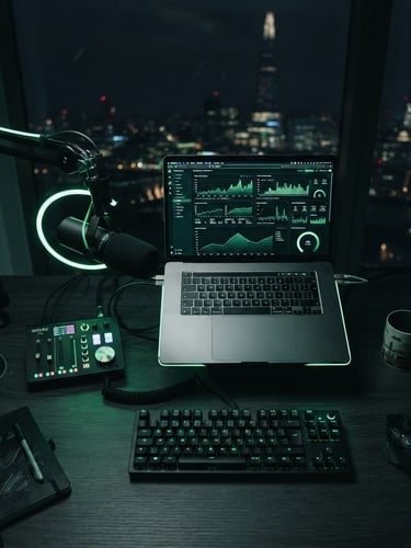 Sleek modern workspace in London, overhead shot of a high-end laptop showing data dashboards, professional podcast microphone, low-key studio lighting with sharp electric green rim light