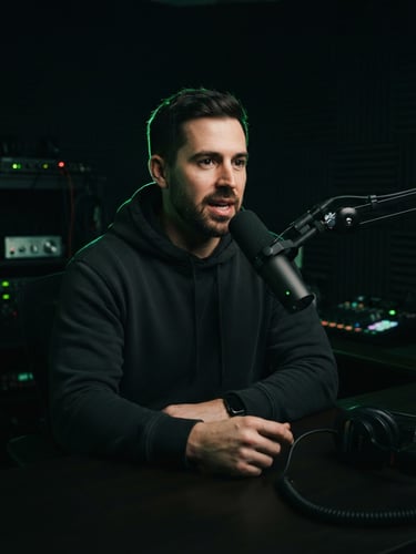 Medium shot of a professional male creator speaking into a studio microphone, low-key moody lighting with sharp electric green rim light, deep charcoal workspace.