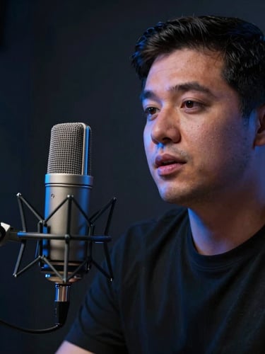 Close-up of a professional male podcast host speaking into a high-end studio microphone, moody low-key studio lighting with cool blue rim light, sharp focus