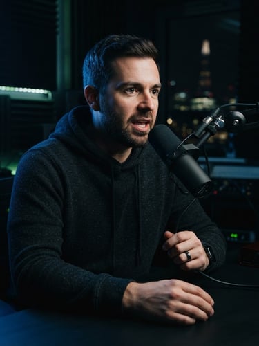 Medium shot of a male podcast host speaking into a professional condenser microphone in a dark London studio, moody low-key lighting with cool blue rim light, sharp focus