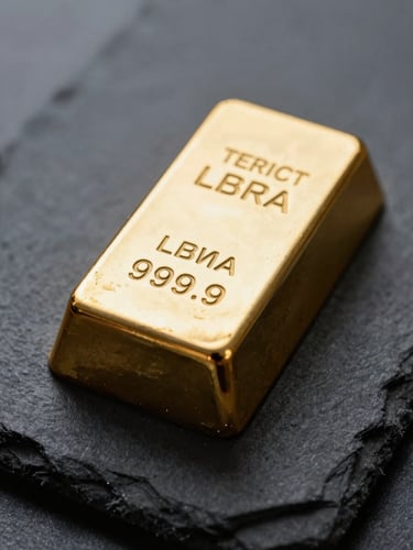 Extreme macro close-up of a certified LBMA gold bar showing the 999.9 purity stamp on a dark slate surface, cool diffused studio light, 50mm