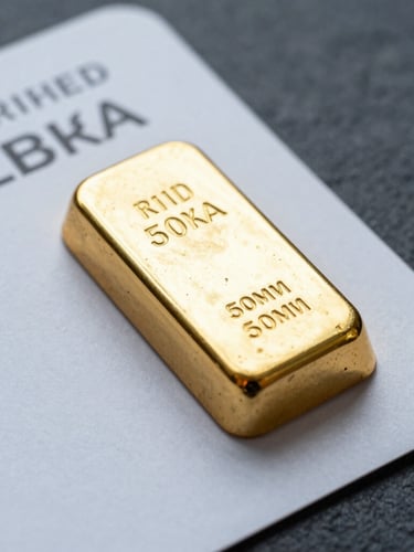 Extreme macro close-up of a certified LBMA gold bar assay card on a dark slate surface, cool diffused studio light, showing physical texture, 50mm