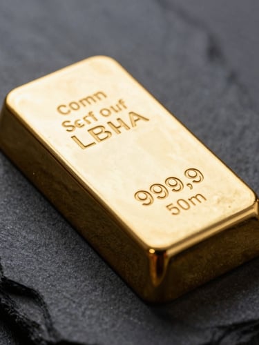 Extreme macro close-up of a certified LBMA gold bar with a visible serial number and 999,9 purity stamp, resting on a dark slate surface, cool diffused studio light, 50mm