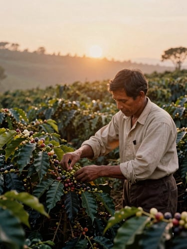 Vintage photograph of a coffee plantation worker carefully tending to coffee plants at sunrise, wide shot with rich textures and warm golden light, shallow depth of field, 35mm film aesthetic, panoramic 21:9 frame.
