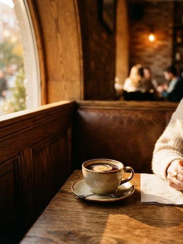 A warm, sun-drenched corner booth in a luxury café, rich oak wood textures, golden-hour window light casting deep shadows on a ceramic coffee cup, editorial 35mm photography.