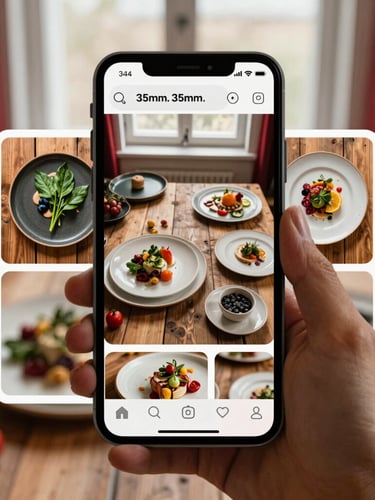 Overhead flat-lay of a curated Instagram feed layout on a smartphone screen, showcasing minimalist Scandinavian-style plated dishes, rustic wooden tables, and fresh organic ingredients, warm soft window light, rich crimson accents.