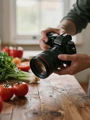 Candid shot of a photographer adjusting a camera lens over a beautifully styled rustic table with fresh ingredients, warm editorial tone, shallow depth of field, 35mm.