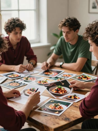 Candid behind-the-scenes shot of a creative digital marketing team collaborating in a sunlit studio, reviewing food photography mood boards on a rustic wooden table, soft natural window light, rich crimson tones, shallow depth of field, 35mm