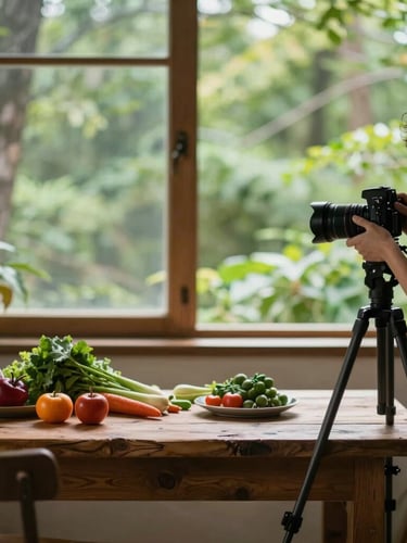 Candid behind-the-scenes shot of an agency photographer adjusting a camera on a tripod over a rustic wooden table with fresh ingredients, soft natural window light, rich forest green tones.