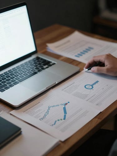 Close-up wide shot of a desk workspace at night — a laptop screen casting blue-white light on scattered positioning notes and printed analytics reports, a hand resting on a keyboard, dark background, sharp rim light from the left, no face visible, editorial and precise