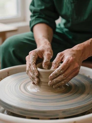 Close-up of a ceramicist's hands shaping clay on a potter's wheel, focus on the texture of the clay, warm studio light, behind-the-scenes, 35mm