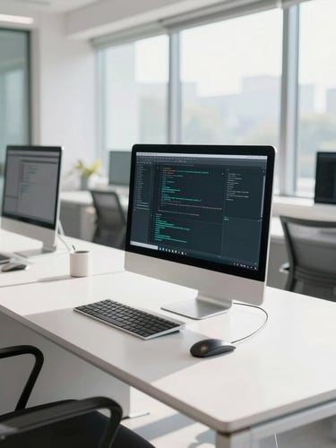An elegant, bright professional workspace in New Delhi, sunlight streaming through large windows, clean white desks with modern monitors displaying code, subtle teal accents, sharp focus, editorial style.