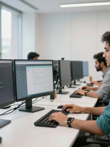 A bright, high-tech workspace in New Delhi with software engineers collaborating over screens, clean white and teal tones, professional environments, sharp focus.