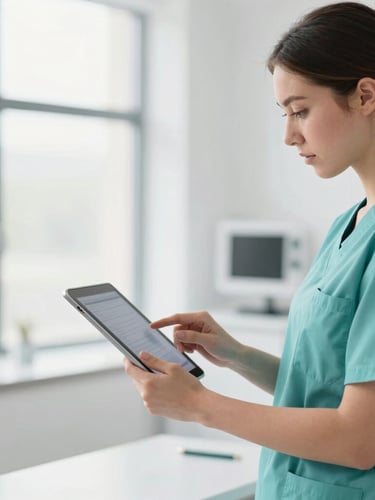 A clean, modern clinical environment with a medical professional in soft teal scrubs reviewing data on a tablet, bright natural daylight, crisp corporate photography.
