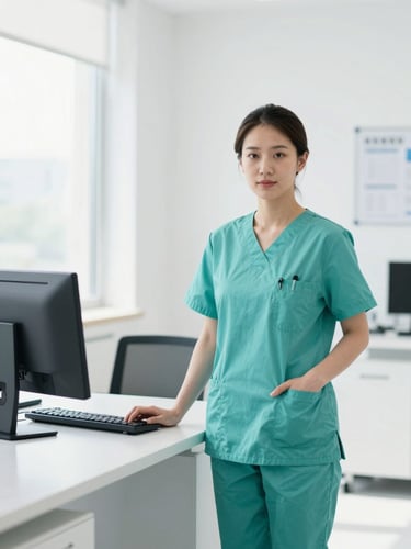 A professional female doctor in clean scrubs standing next to a modern workstation, bright natural light, crisp corporate style