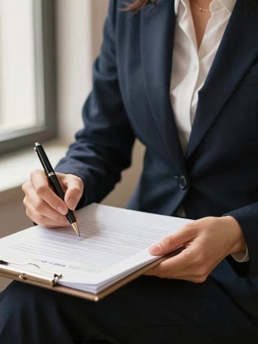 Close-up of a professional woman reviewing official legal documents with a pen, soft natural window light, warm editorial style, navy and champagne tones