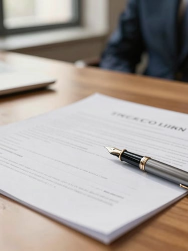 Close-up of legal documents and a fountain pen on a warm wooden desk, soft natural morning light, sophisticated corporate lawyer office setting