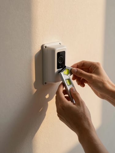 Overhead angle of a doorbell camera mount on a painted door surround, a hand holding a small level tool against the mounting bracket, golden hour light raking across the surface, no faces