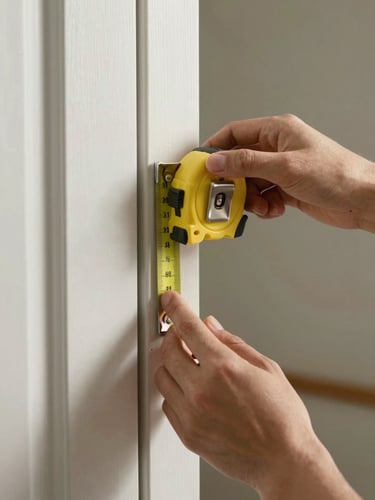 Close-up of hands holding a measuring tape against a residential doorframe at mid-height, available daylight from the left casting a soft shadow across the door trim, fingertips pointing at a specific point on the frame where a camera mount would sit
