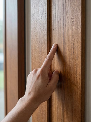 Close-up of hands at doorframe height, one hand pointing at the upper corner of a residential front door, indicating a camera placement zone, available daylight, natural wood grain visible, no face in frame