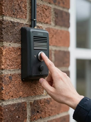 Close-up of a hand hovering over a doorbell camera mount on a brick exterior wall, wiring partially visible, overcast natural light, residential context, no face in frame