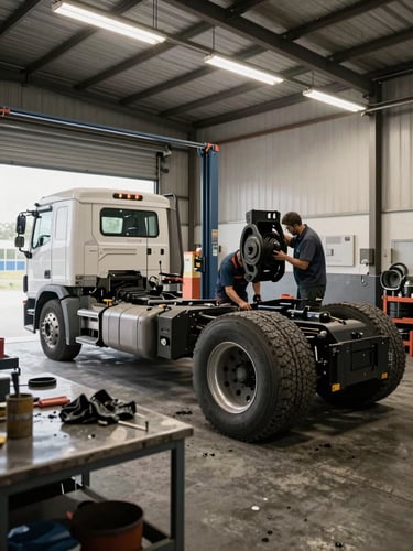 Wide environmental shot inside a large service bay, a heavy semi-truck chassis raised on a lift with a mechanic inspecting the rear axle under fluorescent bay lighting, grease rags and tools on a metal workbench in the foreground, concrete floor, no glamour — raw operational setting