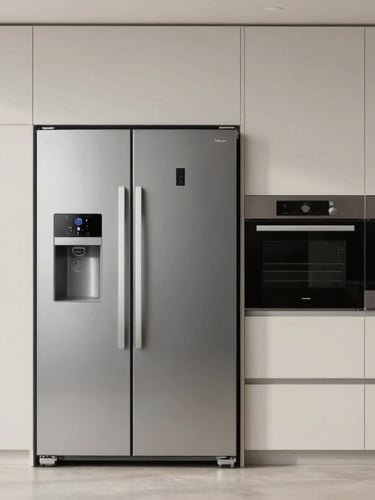 A modern luxury kitchen interior with high-end built-in silver refrigerators and ovens, soft natural light, clean lines, professional architectural photography