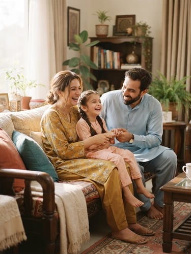 Warm environmental photograph of a Pakistani family interacting naturally in a sunlit living room, soft morning daylight, shallow depth of field, 35mm