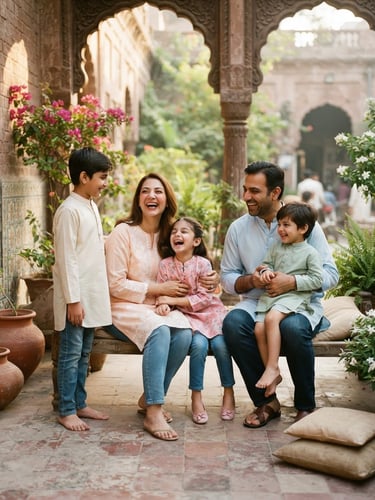A happy family in Lahore laughing together on a sunlit veranda, wearing soft pastel cotton kurtas and casual denim, warm morning daylight, elegant drape, 35mm photography