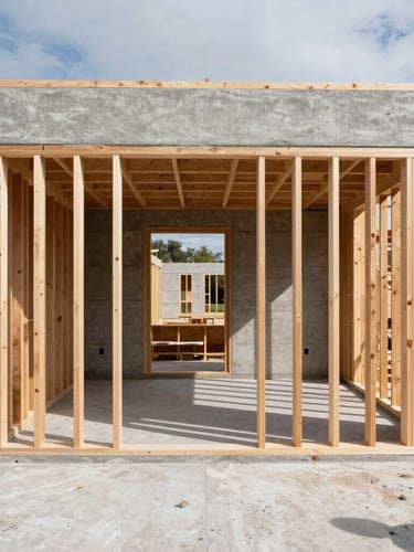 Straight-on architectural elevation of an active, highly organized custom residential construction site, raw timber framing meets poured concrete walls, crisp shadows from hard natural daylight, dust-free concrete slab floor, 50mm lens.