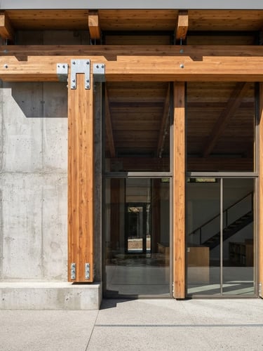 Straight-on architectural elevation of raw concrete meeting massive timber framing, sharp focus, hard natural daylight casting crisp linear shadows