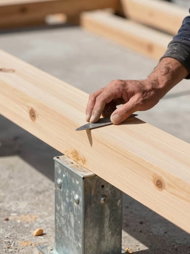 Close-up of a master carpenter hand-fitting a heavy timber beam to a steel structural column, dust-controlled site, sharp focus, 50mm lens.
