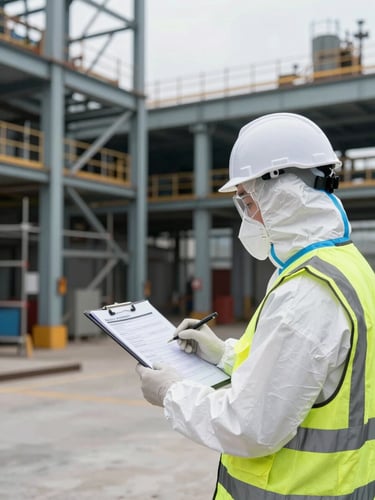 Wide environmental shot of a safety technician in full PPE reviewing an audit checklist on a clipboard at an industrial job site, overcast natural daylight, foreground shows hard hat and high-visibility vest in sharp focus, background shows structural steel and scaffolding out of focus