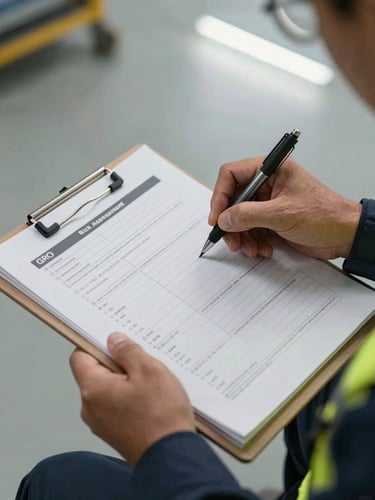 Close-up overhead of safety technician's hands reviewing a GRO risk assessment checklist on a metal clipboard, fluorescent industrial floor lighting, pen marking an item, technical report pages visible beneath