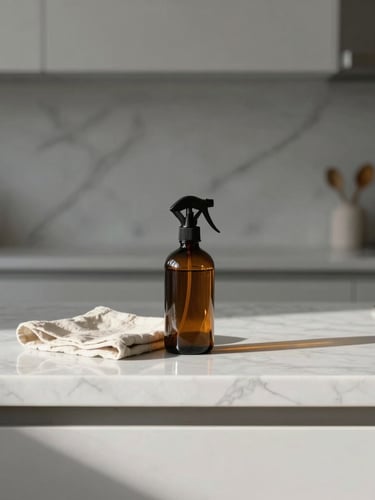 Soft morning light illuminating a minimalist kitchen counter, a simple linen cloth and amber glass spray bottle resting on pristine white marble, straight-on architectural angle.