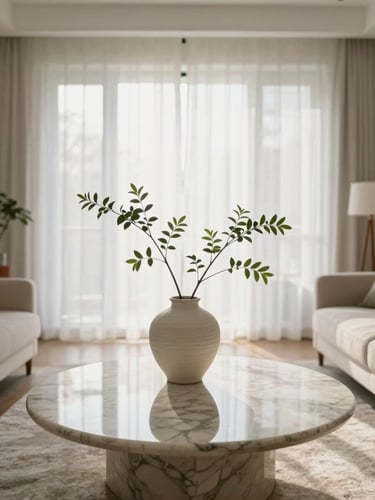 Straight-on architectural shot of a bright, serene living room in soft morning light, marble coffee table reflecting a clean ceramic vase with a single green branch, minimalist aesthetic.