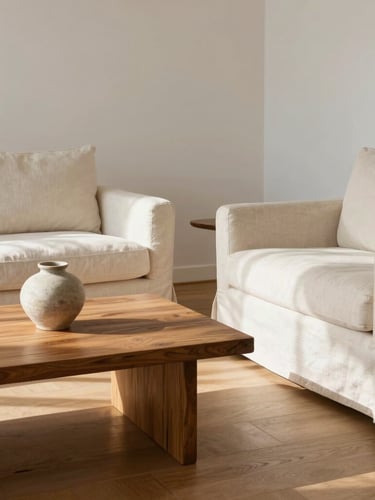 A minimalist, sunlit living room with pristine cream linen sofas, a polished oak coffee table holding a single ceramic vase, soft morning light casting gentle shadows across clean hardwood floors.
