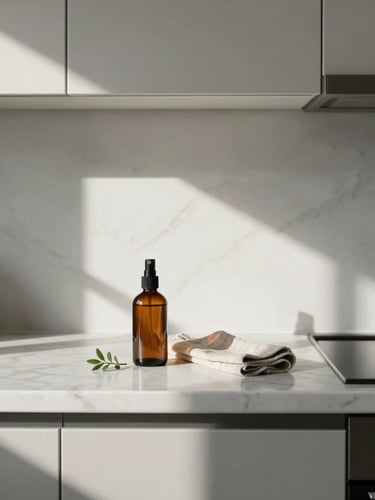 Straight-on architectural shot of a minimalist, sunlit kitchen counter, soft morning light casting gentle shadows, a single amber glass spray bottle and a folded linen cloth beside a small green sprig, pristine marble surface.