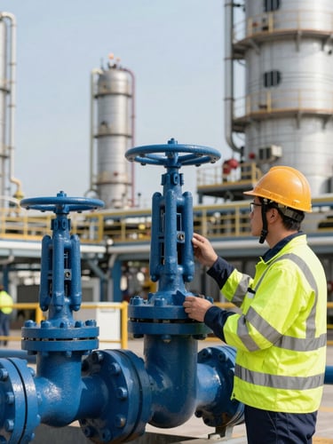 Industrial inspector in high-visibility PPE examining a complex steel valve system on an onshore refinery, crisp daylight, professional 35mm photography