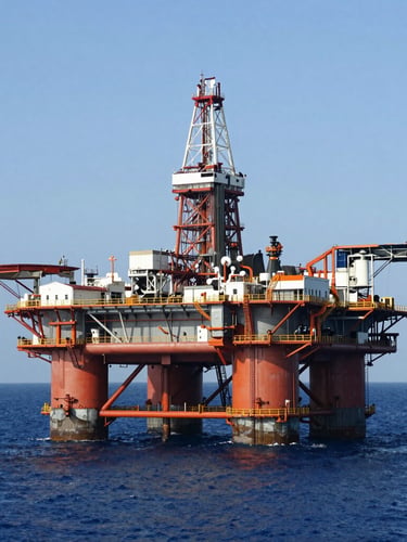 Wide environmental shot of a massive offshore oil rig at sea during crisp daylight, deep blue ocean, safety orange accents on the structure, industrial editorial style, 35mm.