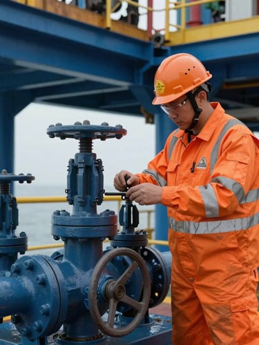 Medium shot of an industrial inspector in high-visibility orange PPE and hardhat examining a complex steel valve assembly on an offshore platform, daylight, technical editorial style, 35mm