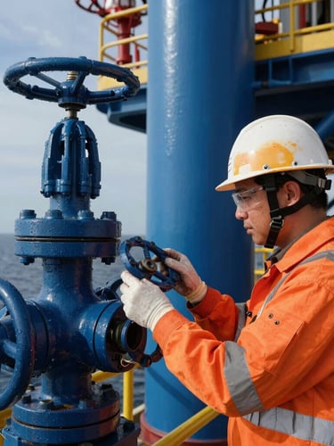 Industrial editorial photography, close-up of a technical inspector in safety-orange PPE examining steel valves on an offshore oil platform, high-contrast daylight, 35mm.