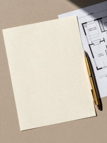 Overhead flat-lay of a structured logistics brief on textured cream paper beside a brass pen and a folded site-access floor plan, natural north-facing daylight, no people, clean composition on a warm taupe surface